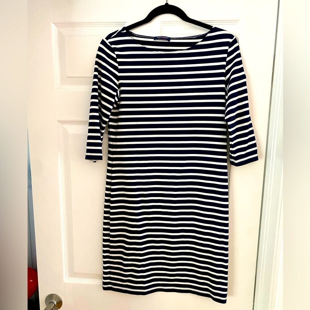 New no tags. Womens Saint James dress. Sz 8. Black/white stripe. Boatneck, shift